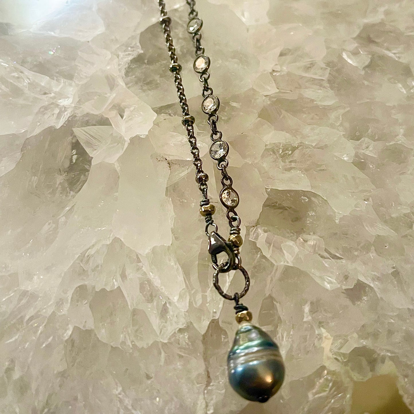 Zircon & Oxidized Sterling Silver Tahitian Pearl Necklace