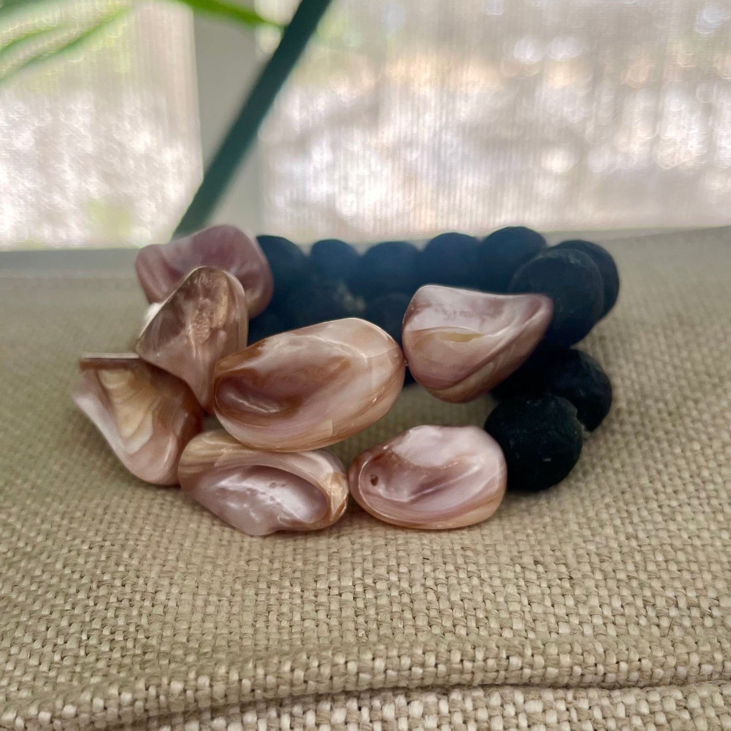 Pink Mussel shell & African glass Cuff