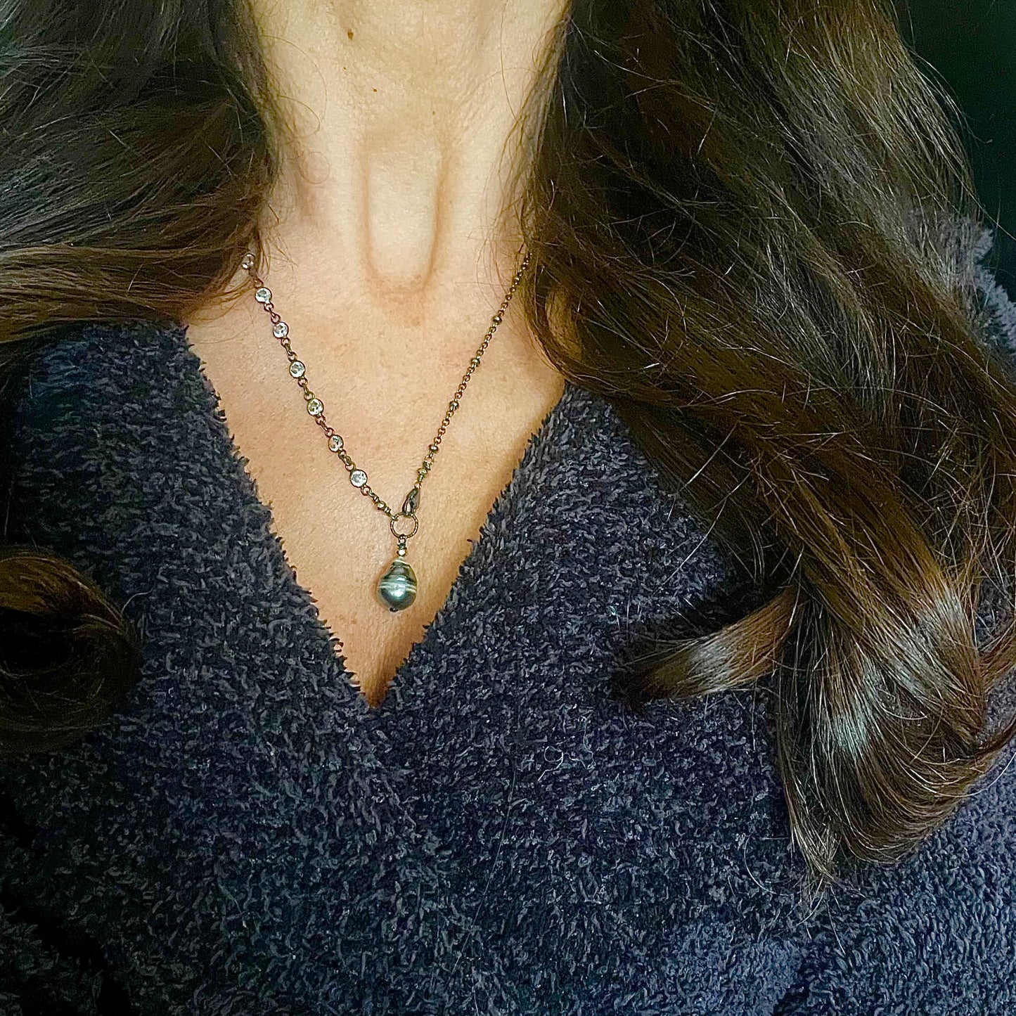 Zircon & Oxidized Sterling Silver Tahitian Pearl Necklace