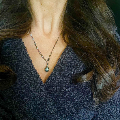 Zircon & Oxidized Sterling Silver Tahitian Pearl Necklace