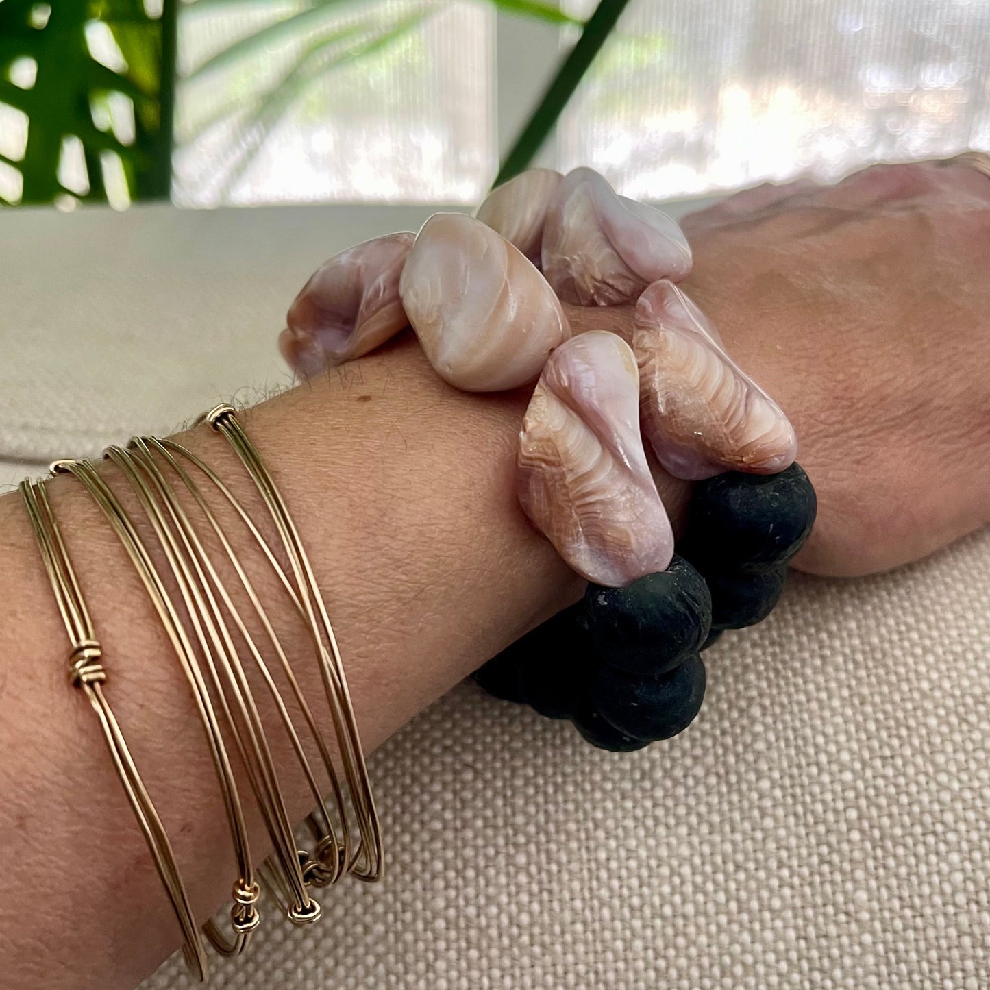 Pink Mussel shell & African glass Cuff