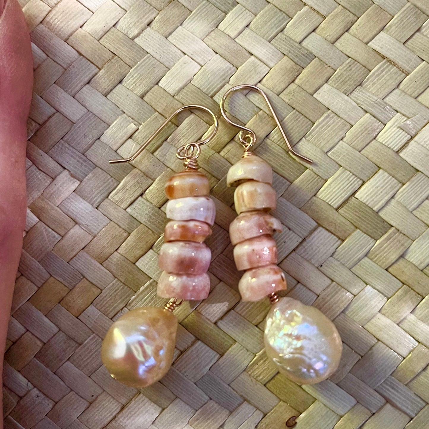 Pink Puka Shells & Baroque Pearl Earrings