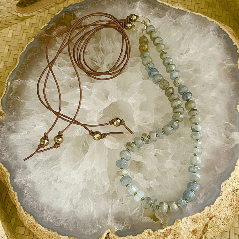 Aquamarine & Leather Swag Necklace