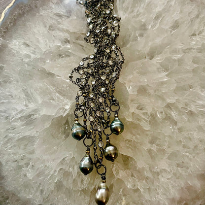 Zircon & Oxidized Sterling Silver Tahitian Pearl Necklace