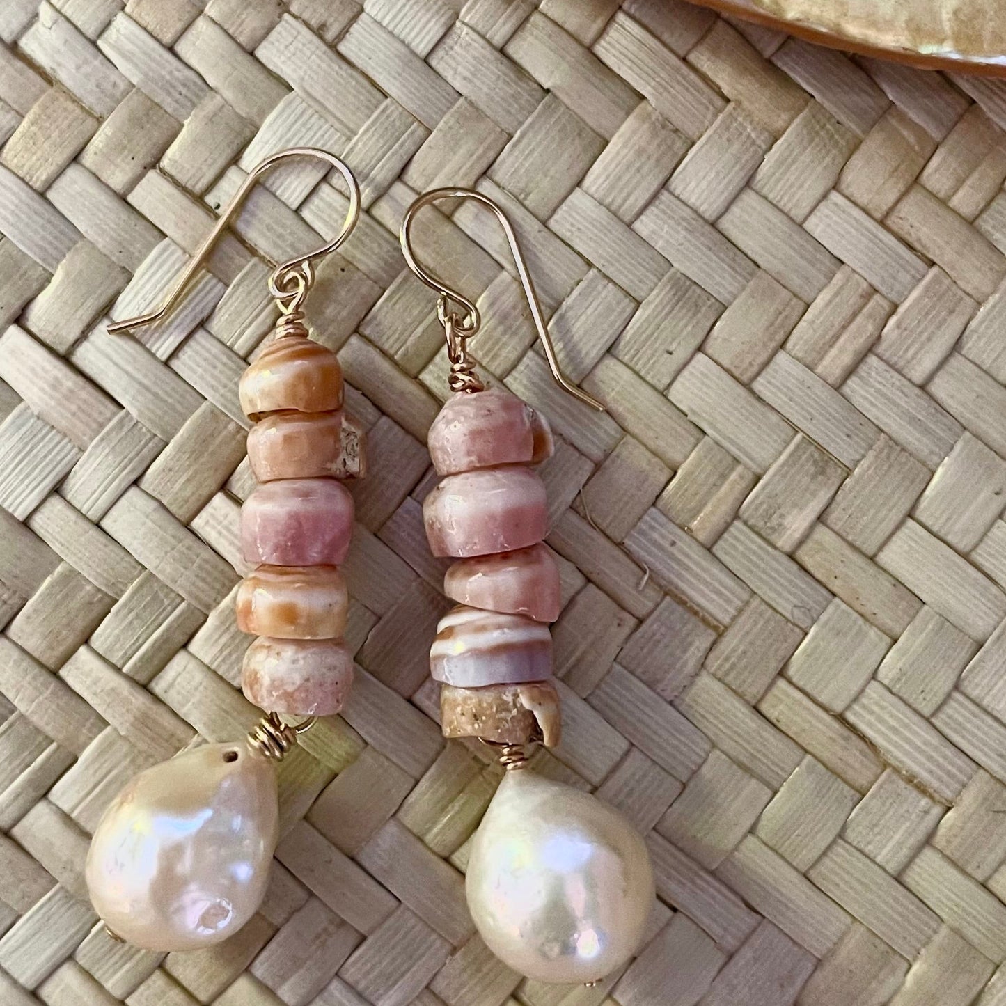Pink Puka Shells & Baroque Pearl Earrings