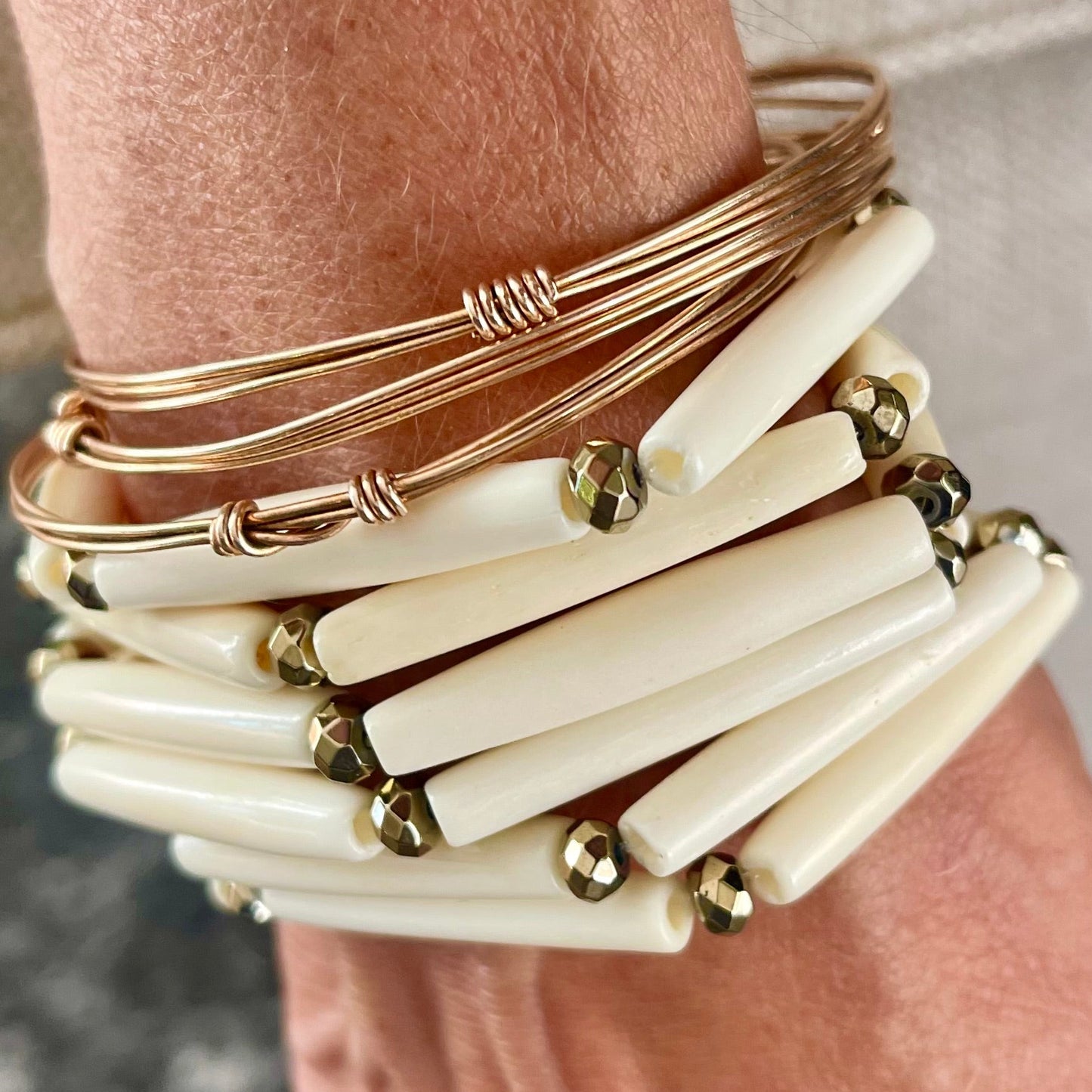 Pyrite-studded bone bangles