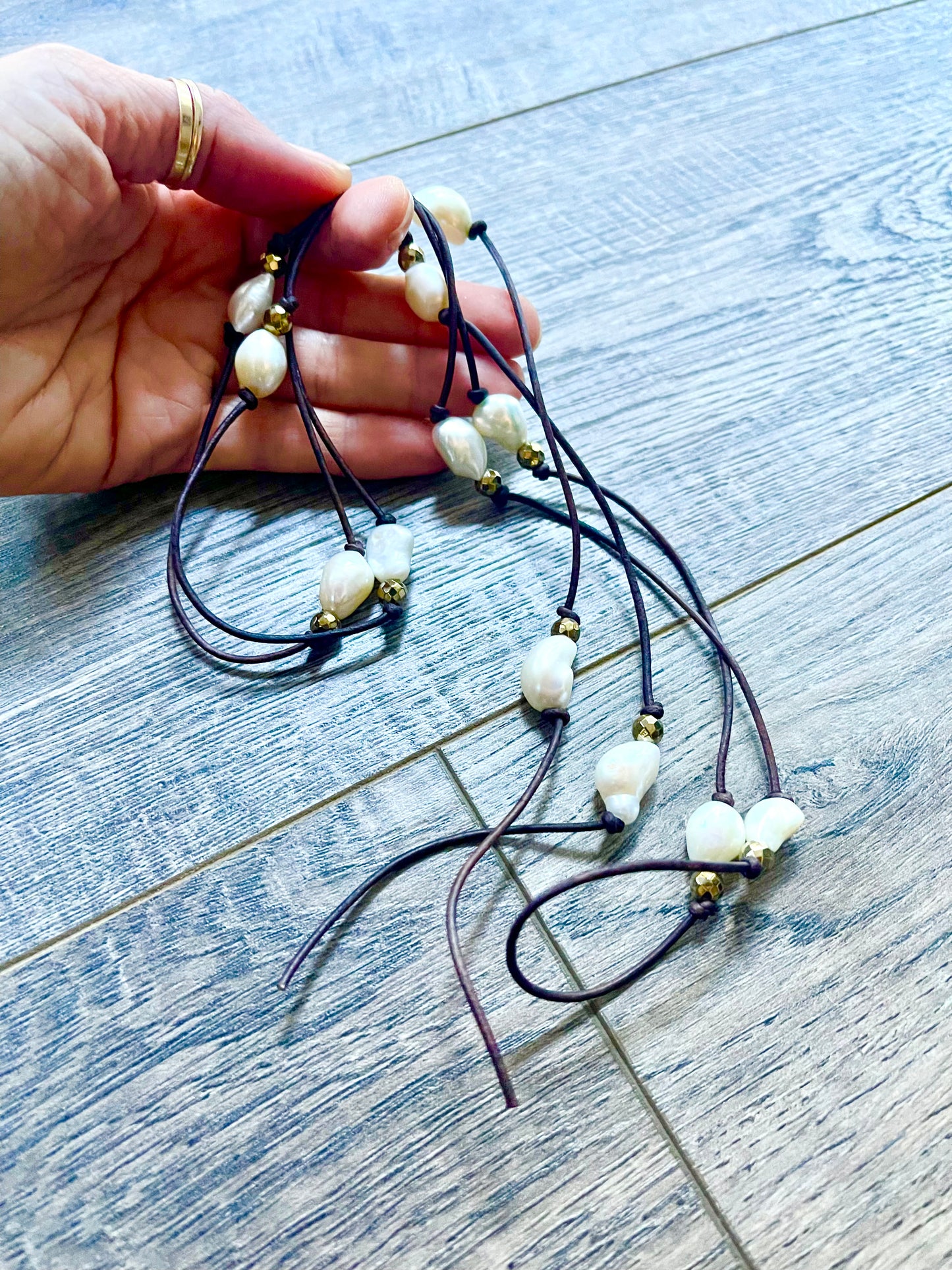 Freshwater, pearl and pyrite lariat necklace