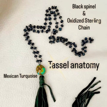 Black spinel and deer suede tassel necklace