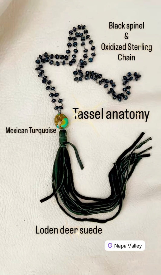 Black spinel and deer suede tassel necklace