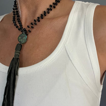 Black spinel and deer suede tassel necklace
