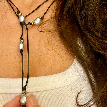Freshwater, pearl and pyrite lariat necklace