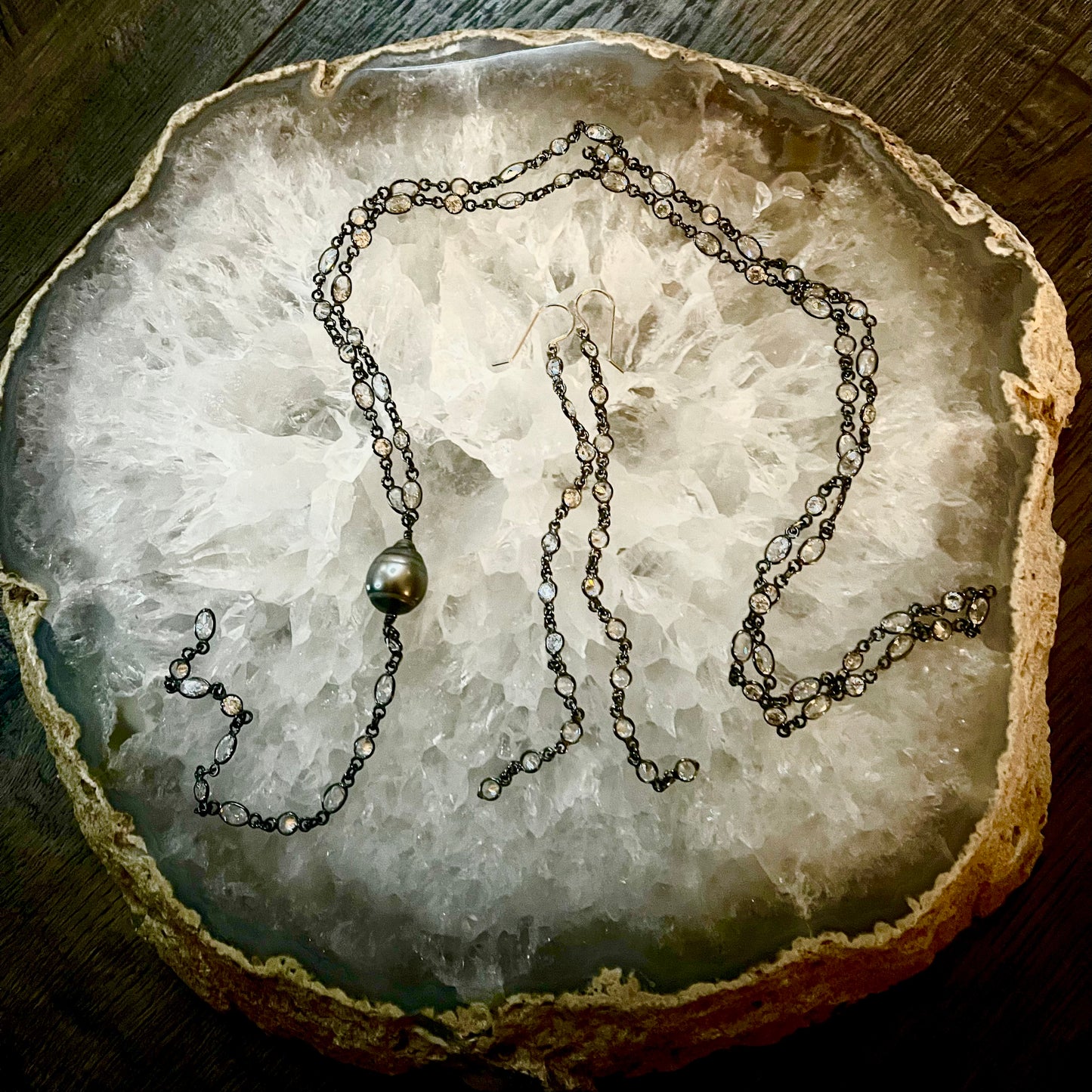 Zircon & Oxidized Sterling Silver Tahitian Pearl Y Necklace