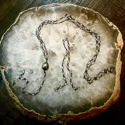 Zircon & Oxidized Sterling Silver Tahitian Pearl Y Necklace