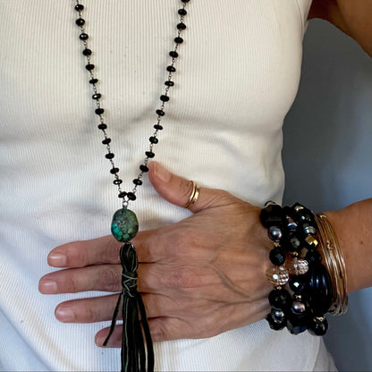 Black spinel and deer suede tassel necklace
