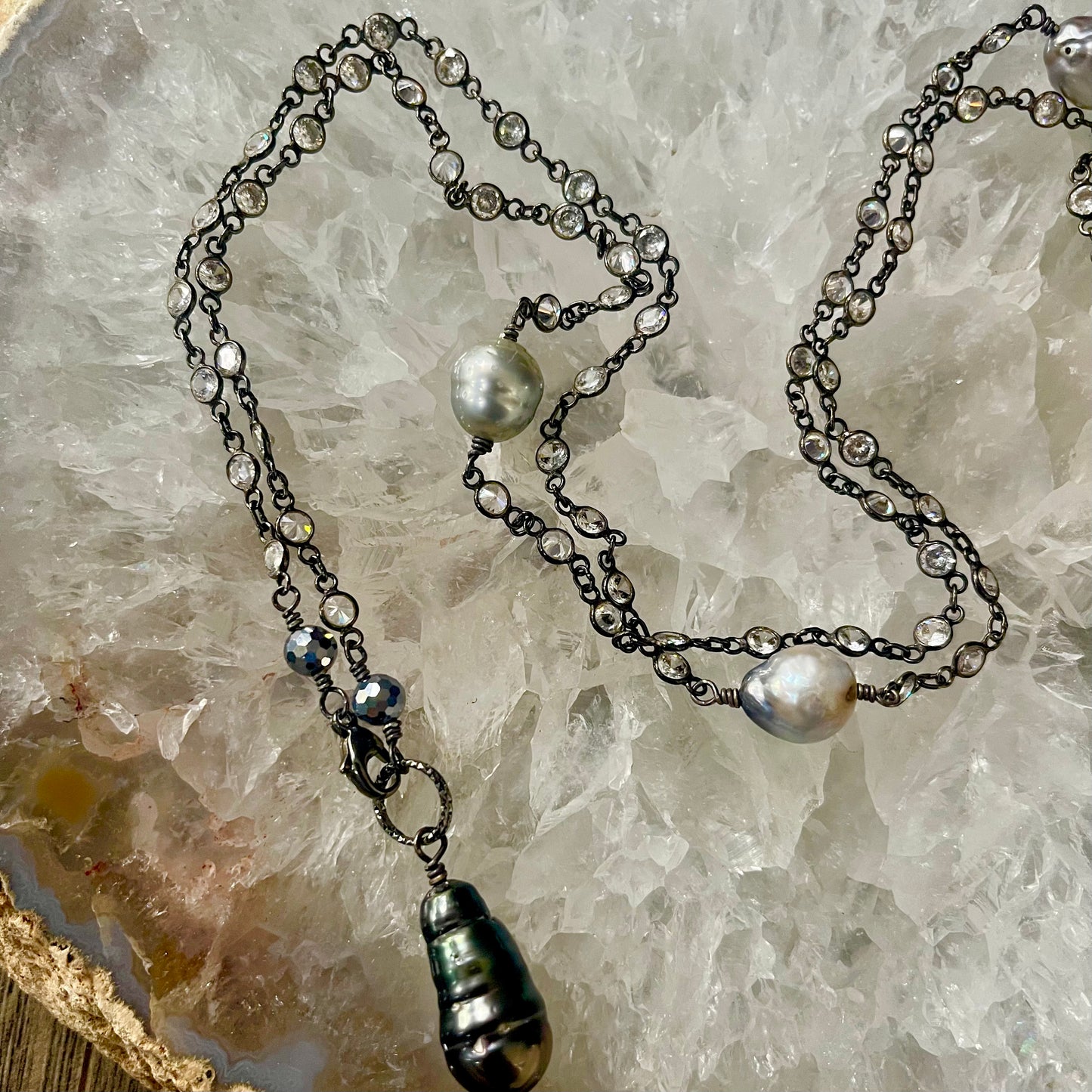 Zircon and Tahitian Pearl Wrap Necklace with clasp (One available)