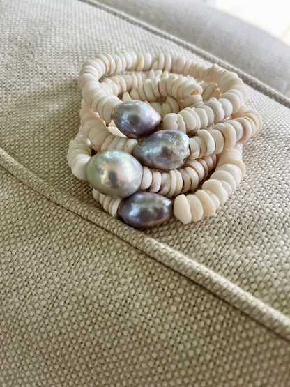 White Puka & South Sea Pearl Cuffs