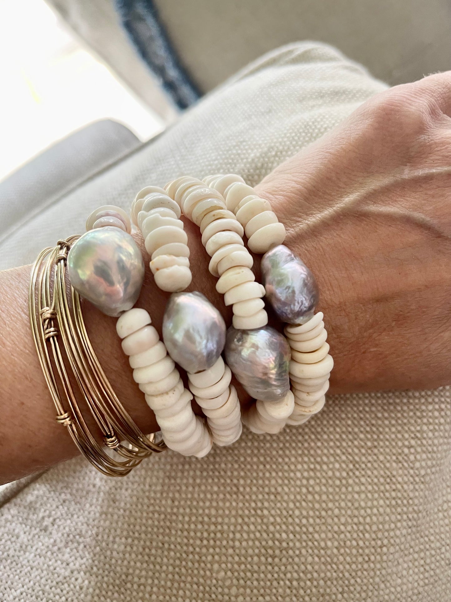 White Puka & South Sea Pearl Cuffs