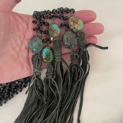 Black spinel and deer suede tassel necklace