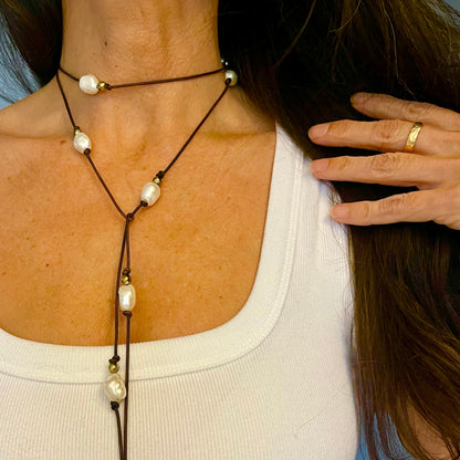 Freshwater, pearl and pyrite lariat necklace