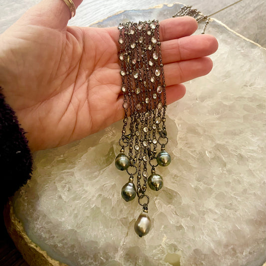 Zircon & Oxidized Sterling Silver Tahitian Pearl Necklace