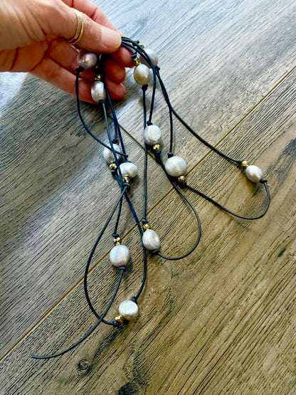 Freshwater, pearl and pyrite lariat necklace