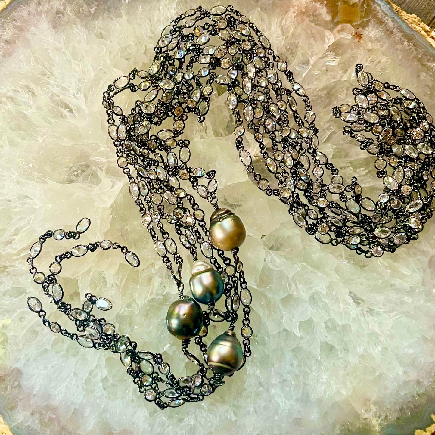 Zircon & Oxidized Sterling Silver Tahitian Pearl Y Necklace