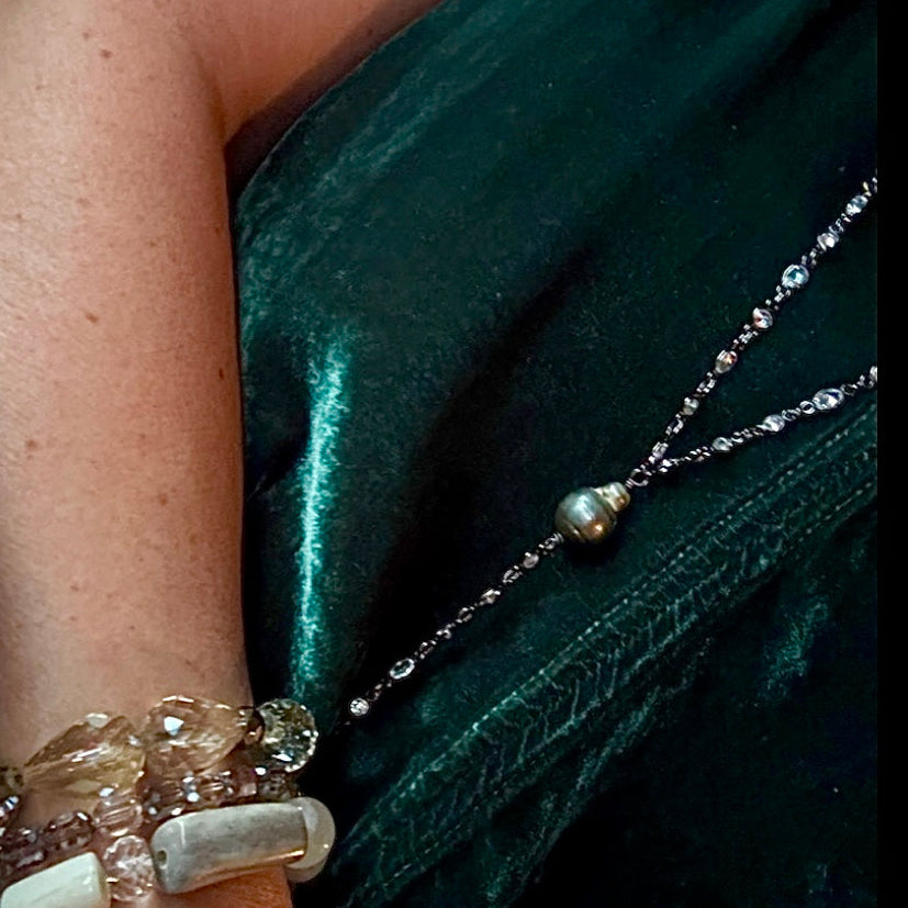 Zircon & Oxidized Sterling Silver Tahitian Pearl Y Necklace